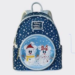Loungefly Disney Mickey And Minnie  Snowman Christmas Snow Globe Mini Backpack