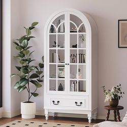 67" Tall Farmhouse Arched Cabinet, Arched Display Cabinet with Glass Doors & Large Drawer & Adjustable Shelves, Pantry for Living Room, Kitchen, Dinin