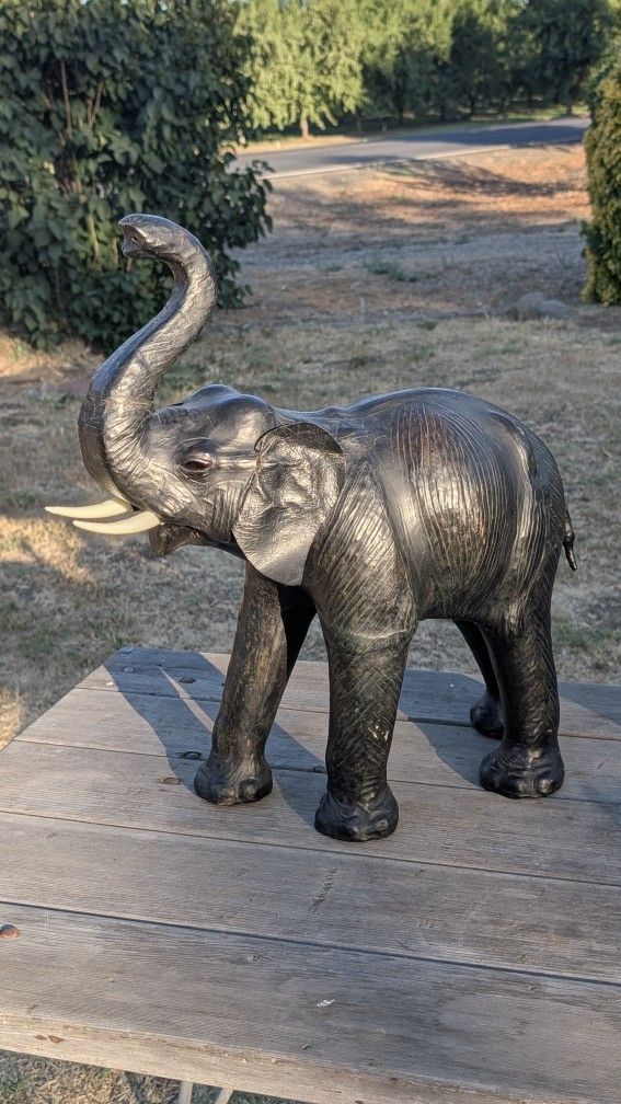Vintage 22 Inch Leather Wrapped Elephant Statue Raised Trunk Handcrafted Decor