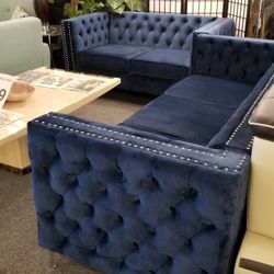 Brand New Navy Blue Tufted Velvet Modern Sofa + Loveseat 2PCs Set