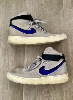 Men’s Size 11 Nike Air Force 1 Shoes High Grey Suede Blue Swoosh Ankle Straps