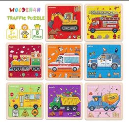 Wooden Jigsaw Vehicle Puzzles for Kids 8 Pack