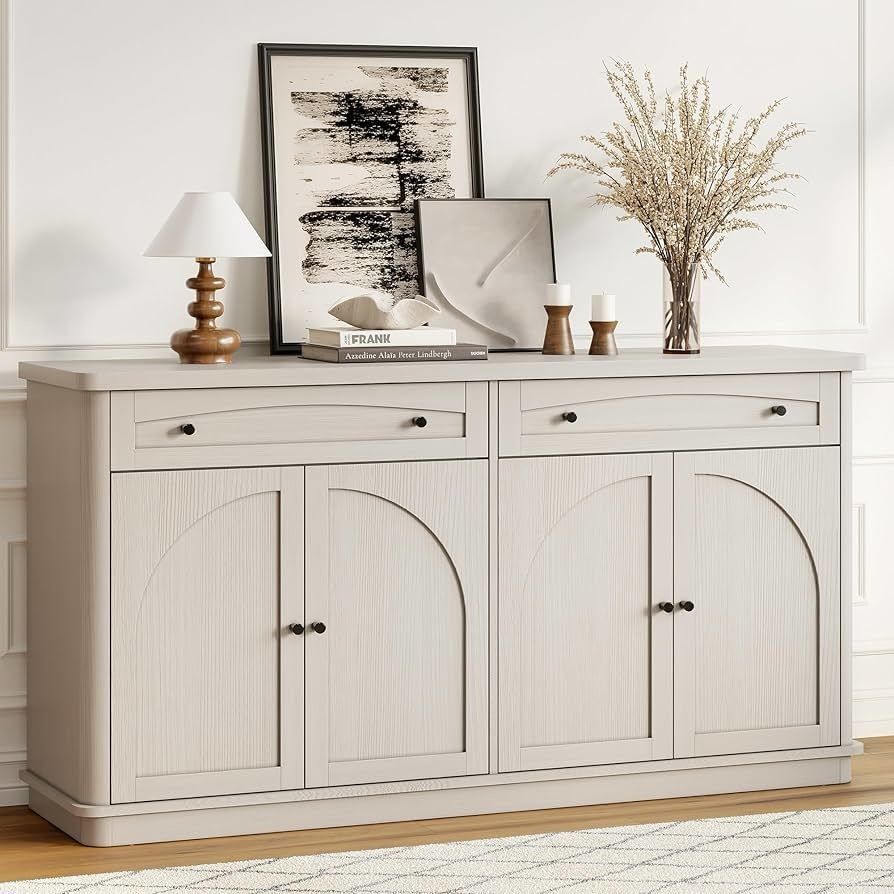 63 Inch Buffet Cabinet with Storage, Curved Sideboard Cabinet with 2 Drawers and 4 Arched Doors, Storage Cabinets with Adjustable Shelves, Sideboard B