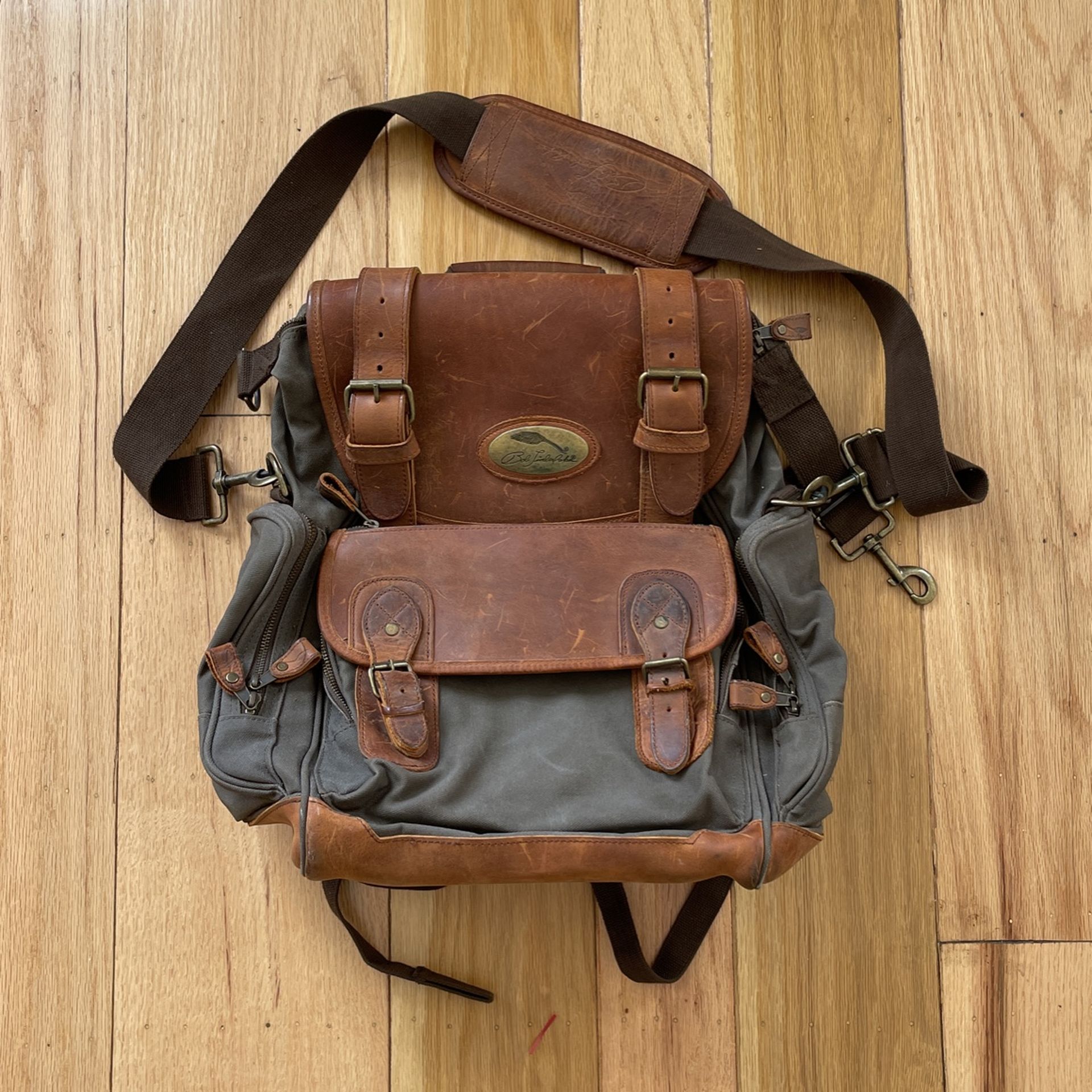 Bob Timberlake Backpack CANVAS & LEATHER BAG Travel Luggage BRASS ZIP