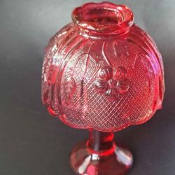 Vintage Indiana Glass Fairy Lamp Ruby Red/Pink Flash with Floral