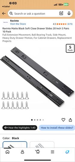 Ravinte Matte Black Soft Close Drawer Slides 20 Inch 5 Pairs 10 Pack Full Extension Movement, Ball Bearing Track, Side Mount, Heavy Duty Drawer Motion