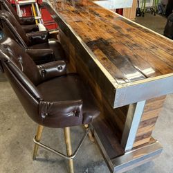 Custom Bar 97” x 49” x 43 - 1/2” tall on castors w/3 ea 30” high back bar stools
