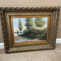 Vintage Oil Landscape Painting Art Signed Ornate Gold Frame 