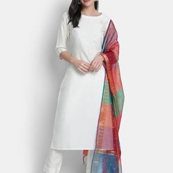 Indian Round Neck 3/4 Sleeve Solid Off White Poly Silk Kurta Size XS Top Only