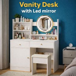 Vanity desk with LED Ligh mirror.  white.