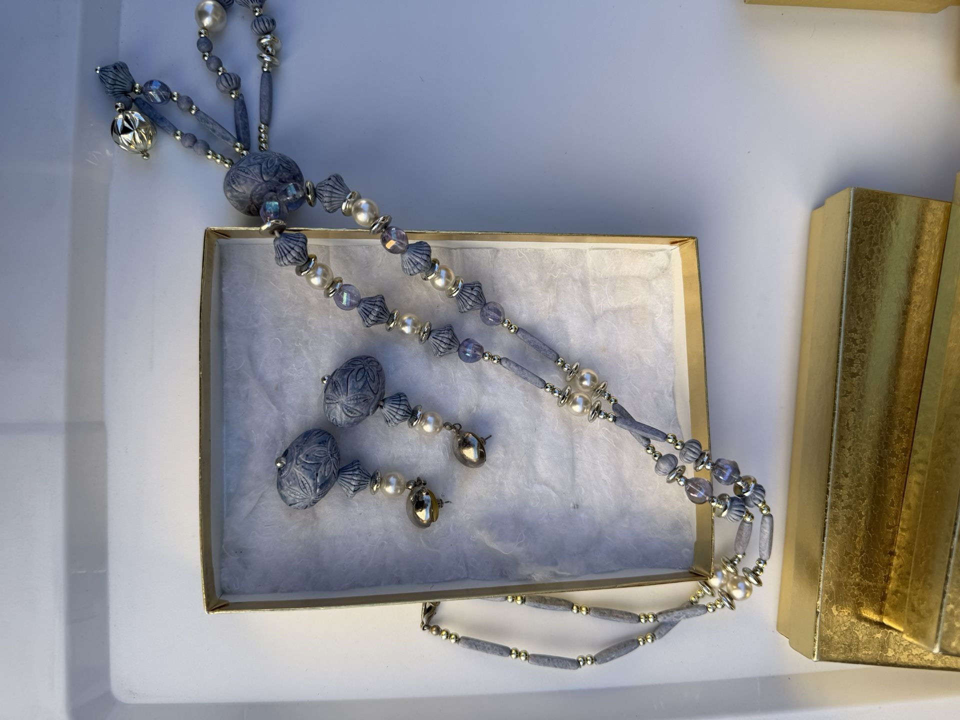 blue and silver-tone beaded necklace and matching earrings set