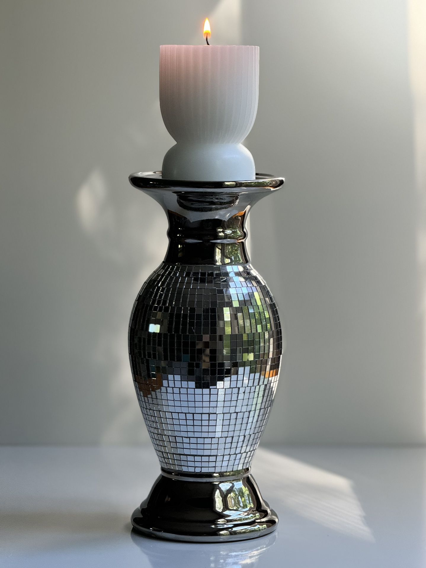Ceramic Mirrored Mosaic Disco Ball Effect Pillar Candle Holder