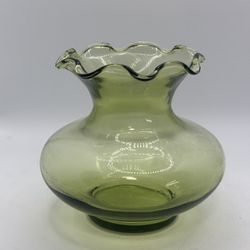 Anchor Hocking Avocado Green Glass Vase Ruffled Edge