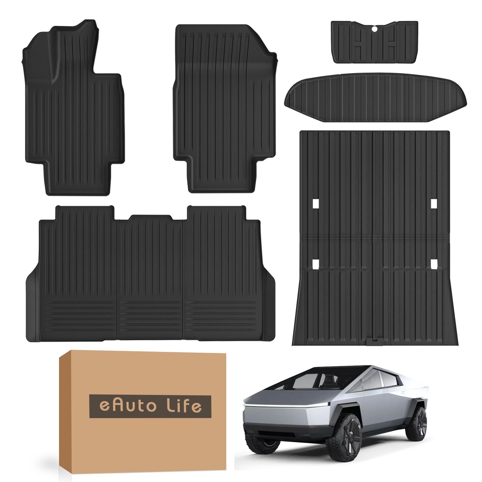 Custom-Fit TPE Floor Mats Set for 2024 Tesla Cybertruck - | 6Pcs Heavy-Duty All-Weather Liner | Odorless Protection for Front, Rear & Cargo Mat| Black