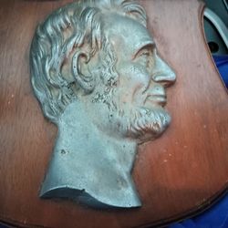 Abraham Lincoln Wall Plaque on Oak • Cast Pewter Bust • Antique from 1929 