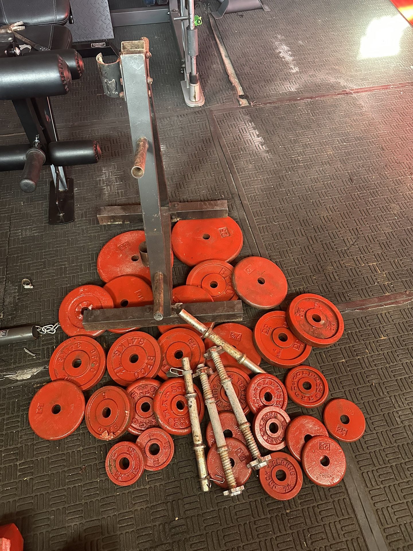 Standard weights 200lbs total plus weights tree and adjustable handles 