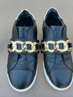 Michael Kors Black Kenna Chain Link Leather Sneakers Sz 8.5