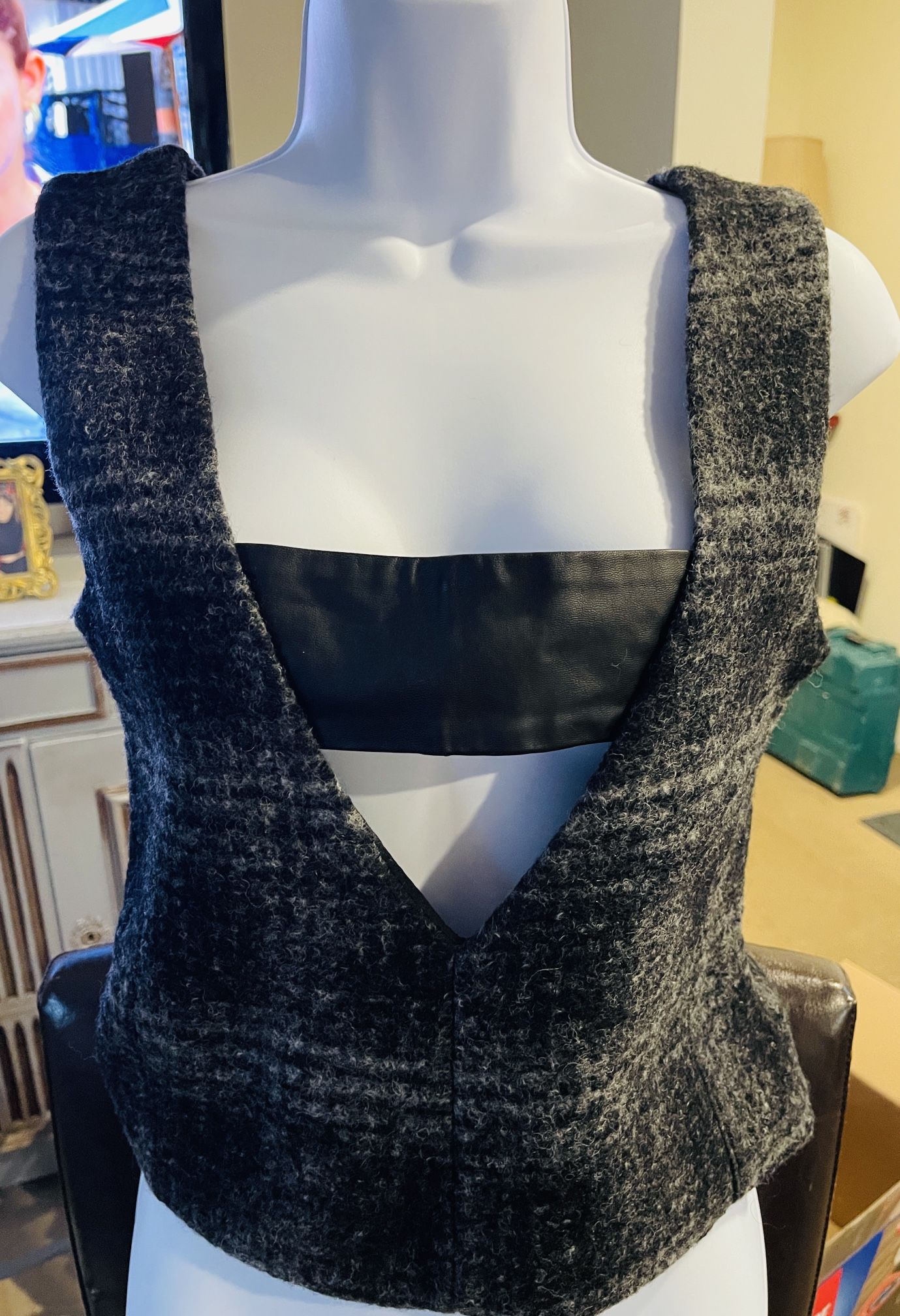 Wool Blend Sleeveless Top Womens Gray/Black Fuzzy