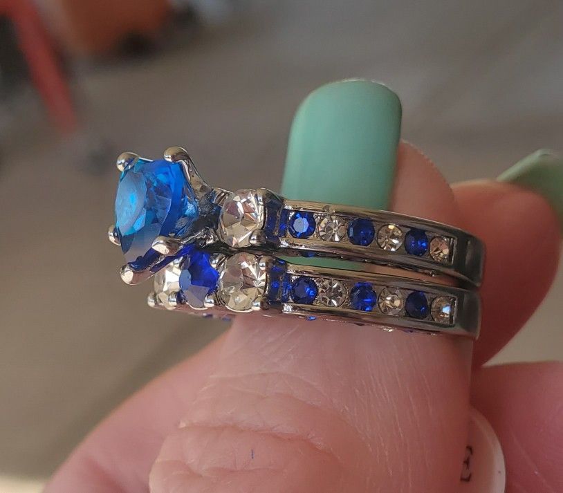 Blue Cz Stones Wedding Set.... Size 6.5/7