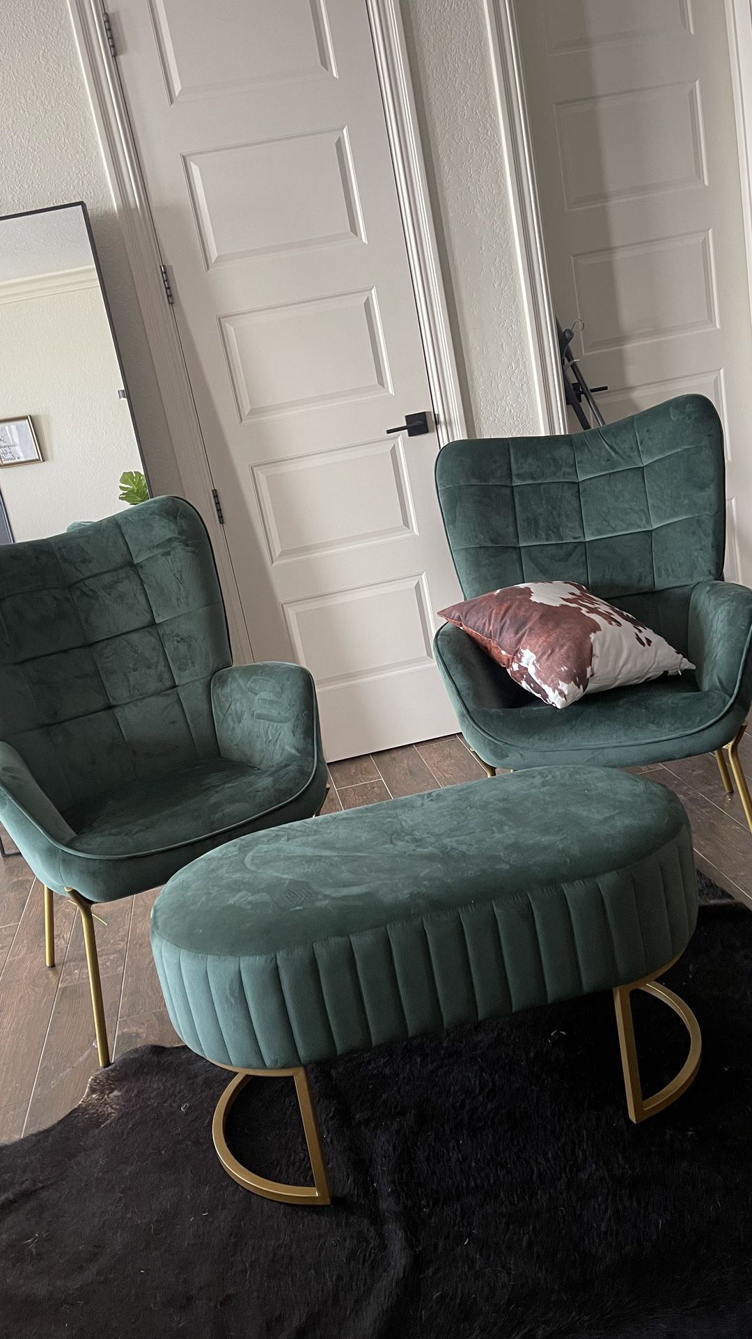 Velvet Hunter Green Chair Set (2) + Ottoman 