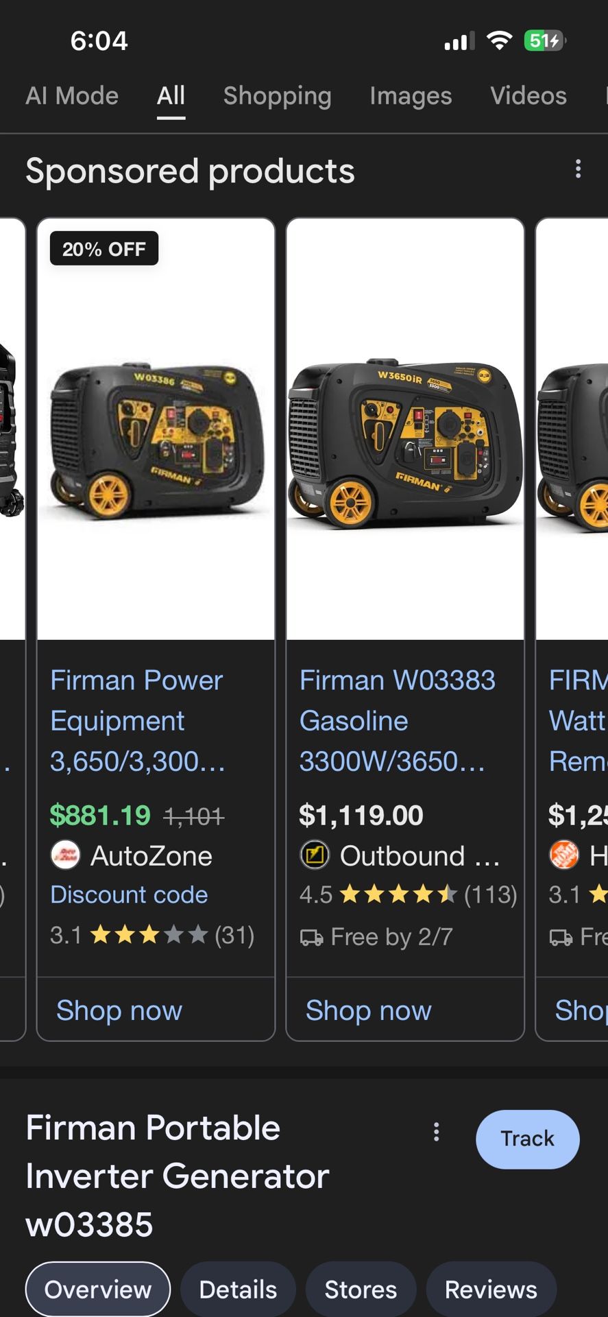 Firman W03(contact info removed)/3650 Watt Generator