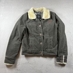 Roxy Jean Women’s S Gray corduroy Jacket Sherpa Collar plaid quilted lining#1106