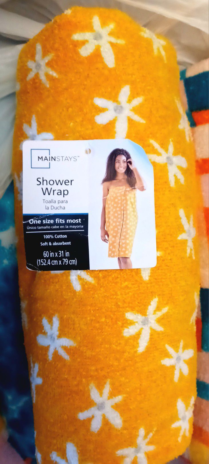 Towel Shower Wrap - Mustard Yellow with White Flowers