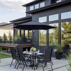 8-Piece Outdoor Patio Dining Set with Tilting Umbrella, Glass Table, & Folding Chairs