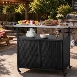 Outdoor Grill Cart with Storage, Kitchen Island Cart with Stainless Steel Top for BBQ.