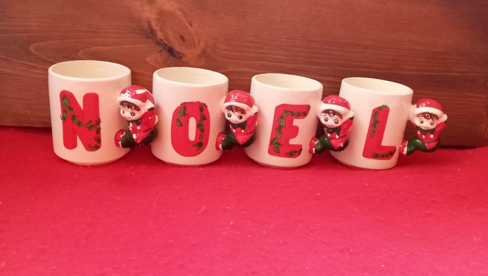 Vintage NOEL, Figural Pixie Elf Handled Mugs