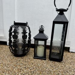 Set Of 3 Wrought Iron W/ Glass Candle Holder Lanterns