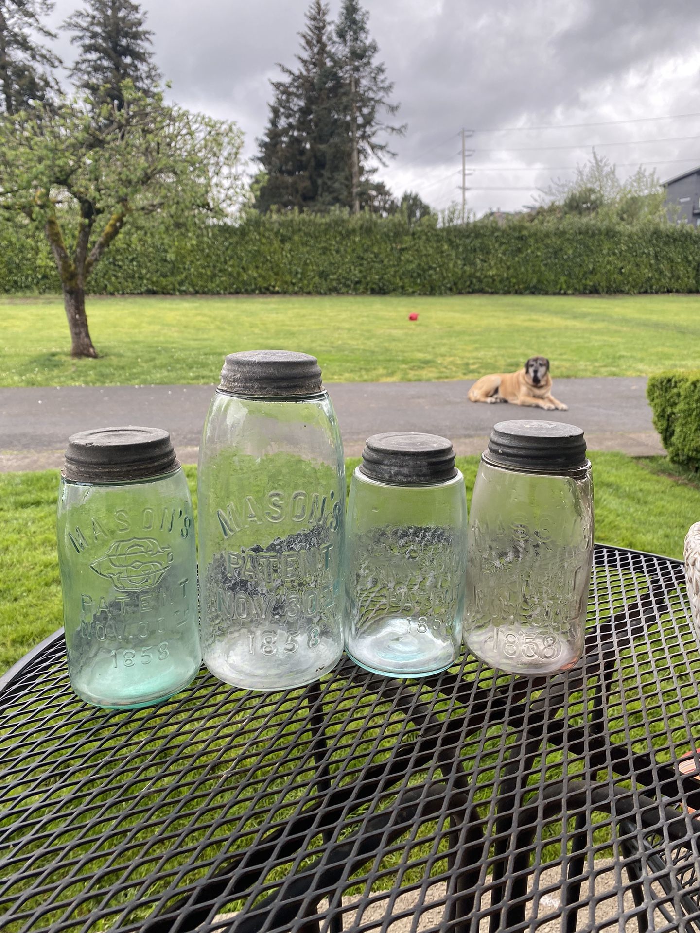 1858 Antique Mason Jars 1/2 Gallon And Quarts with screw on zinc lids with glass seal