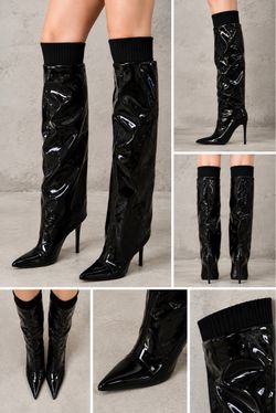 Black Patent Leather Knee-High Stiletto Boots/ only size 9-10-11