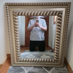 Large Gilded Brushed Ornate Rectangular Wooden Framed Beveled Mirror 35 H × 31 W
