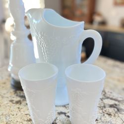 Milk Glass Pitcher And Tumblers 