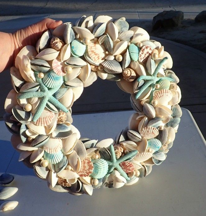 18" Preserved Seashell Wreath Blue Coastal Beach Indoor Outdoor Real Starfish Pearl Seashells  