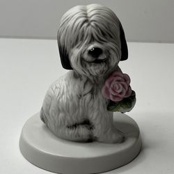 Vintage Sunny Animals By Heartline Porcelain Sheep Dog Figurine With Pink Flower