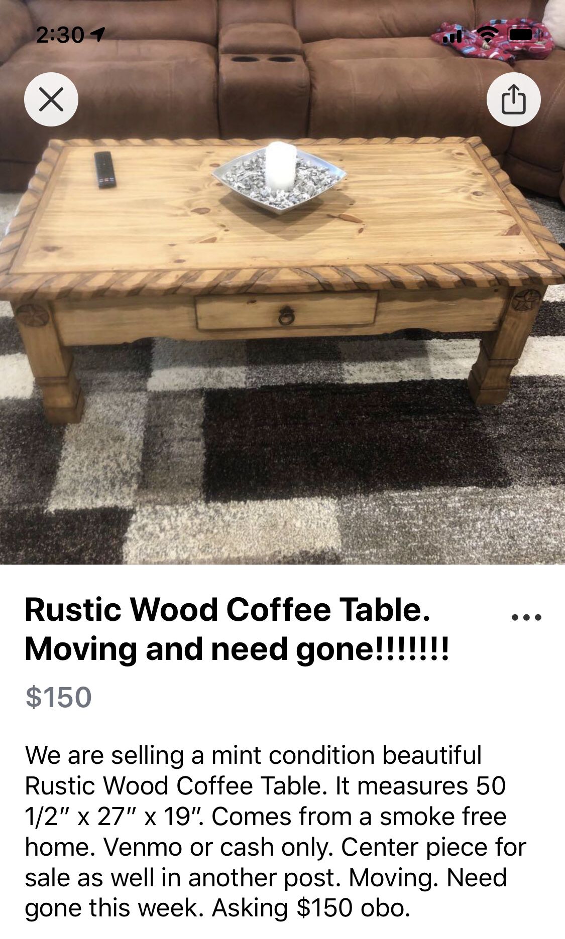 Reduced. Moving need gone this week!!!! Rustic Wood coffee table