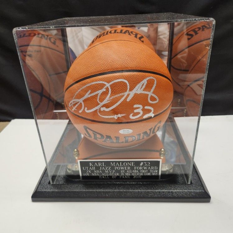 Karl Malone Signed, PSA Certified Basketball In Premium Display Case
