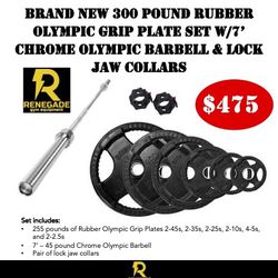 Brand New 300 Pound Rubber Olympic Grip Plate Set With 