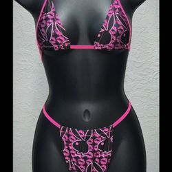 Pink And Black Playboy String Bikini Bathing Suit 