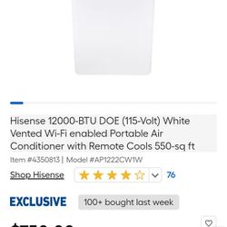 NEW IN BOX Hisense 12000-BTU DOE (115-Volt) White Vented Wi-Fi enabled Portable Air Conditioner with Remote Cools 550-sq ft