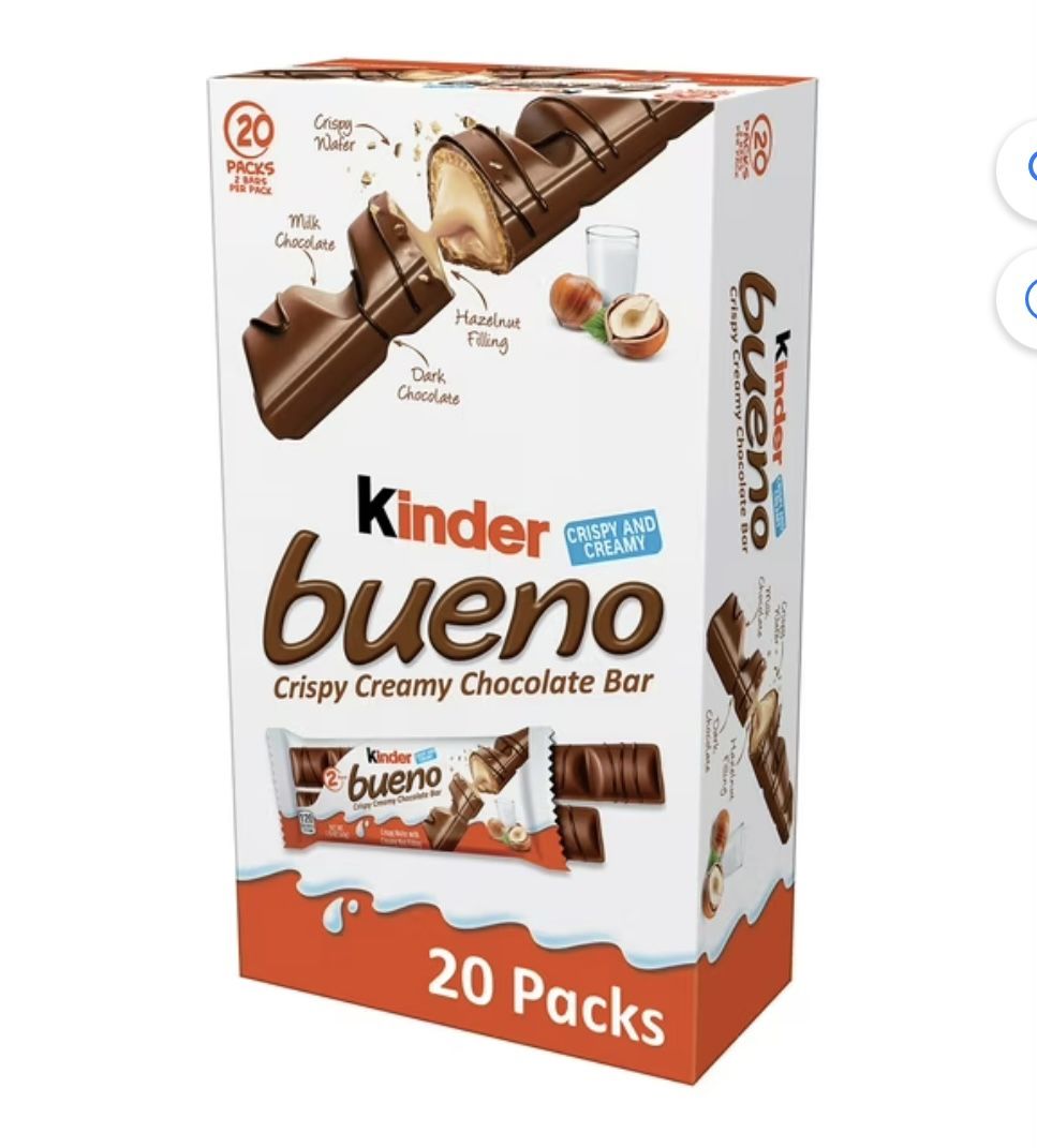 $20 Per Box Kinder Bueno Milk Chocolate Hazelnut Bars, 1.5 oz., (20 pk. per box)