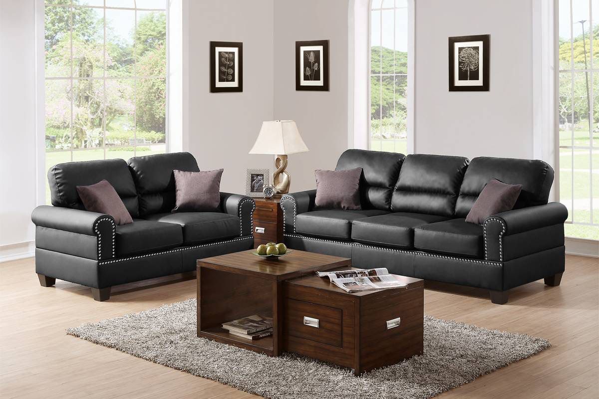 Black Faux Leather Sofa And Love Seat Set (Free Delivery)