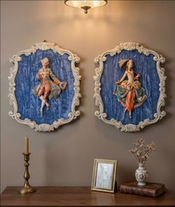 Fontanini Depose Italy 3D Wall Plaques Pair - Rococo Aristocrat Couple Velvet Vintage His/Hers Couple