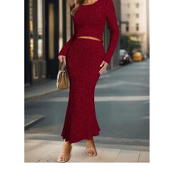 New Pink Queen Ribbed Knit Set Fall Long Sleeve Crop Top High Waist Skirt size M