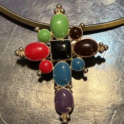 Vintage .925 Silver Multi-Colored Stone Cross Pendant & Necklace 