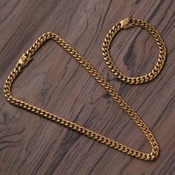 14k Gold Cuban Link Chain And Bracelet Set