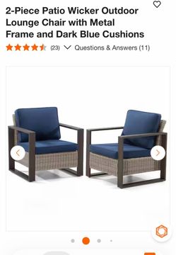2-Piece Patio Wicker Outdoor Lounge Chair with Metal Frame and Dark Blue Cushions