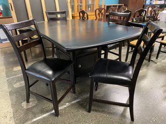 Espresso Finish Extension Counter Table w/ Wine Storage & 4 Ladder Back Counter Stools